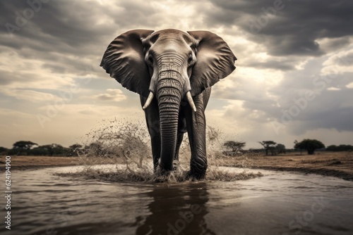 Marauding bull elephant charging through water © David