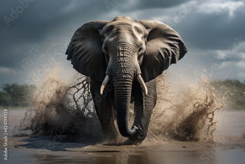 Marauding bull elephant charging through water