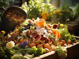 Compostaggio: cumulo di compost o il bidone del compost, insieme alla frutta e alla verdura che hai coltivato con il compost, avanzi riciclati