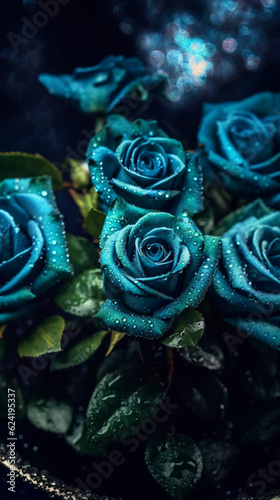 Teal coloured colored roses with water droplets