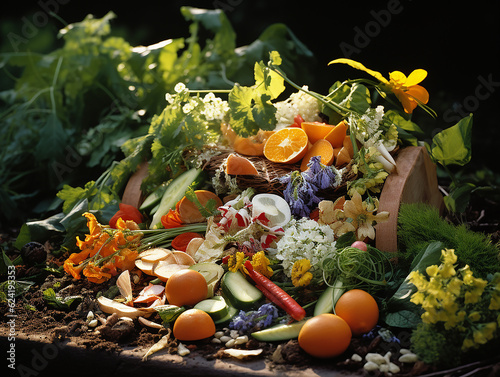 Compostaggio: cumulo di compost o il bidone del compost, insieme alla frutta e alla verdura che hai coltivato con il compost, avanzi riciclati photo