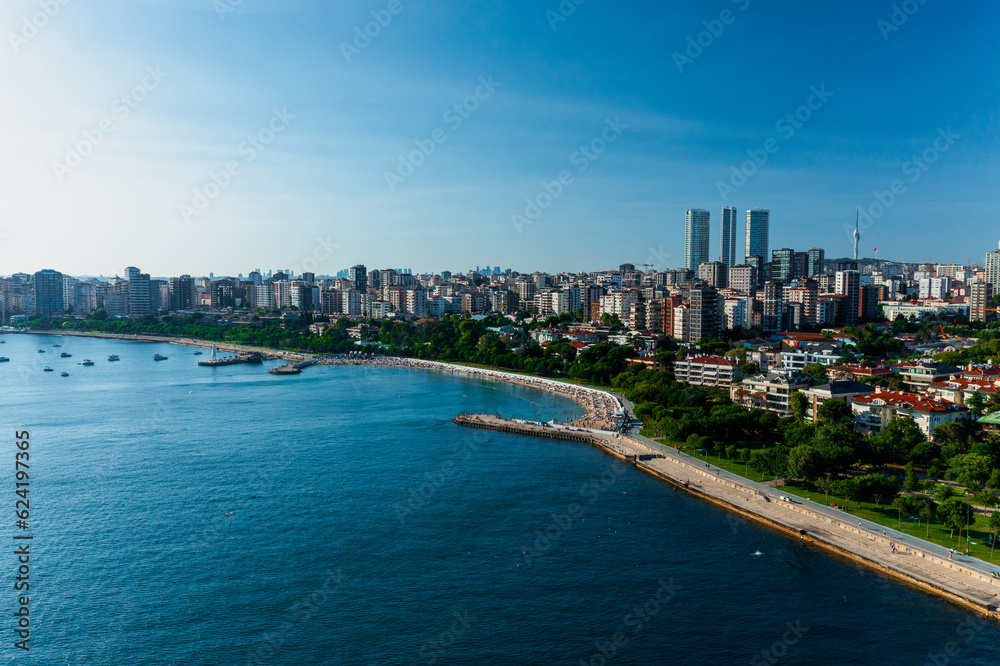 Aerial view of beach and park in Caddebostan district on the Marmara Sea coast of the Asian side of Istanbul  Turkey.