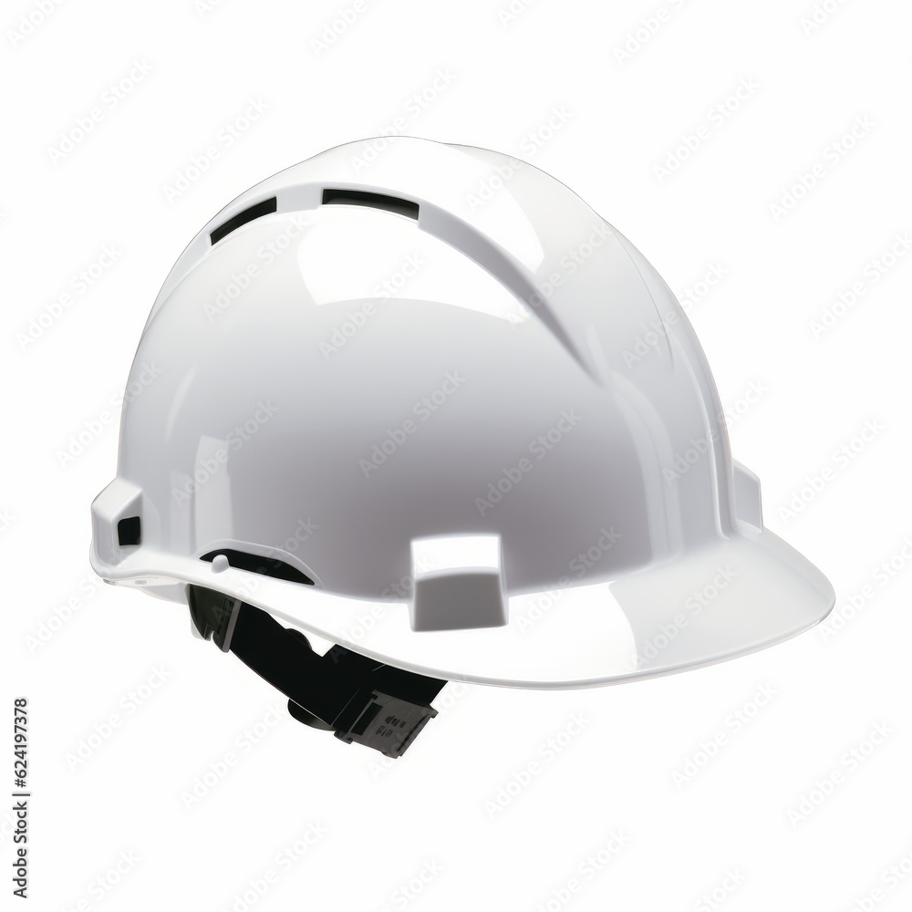 white protective hardhat with a black strap, isolated on a white background, generative ai white protective hardhat with a black strap, isolated on a white background, generative ai