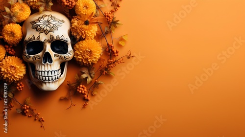 Happy halloween flat lay mockup with autumn flowers, leaves and skull on orange background. Fall holiday concept composition. generative AI