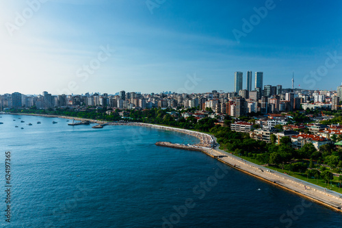 Aerial view of beach and park in Caddebostan district on the Marmara Sea coast of the Asian side of Istanbul Turkey.