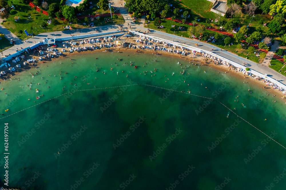 Aerial view of beach and park in Caddebostan district on the Marmara Sea coast of the Asian side of Istanbul, Turkey.