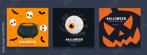 Spooktacular Halloween Design: Skulls, Bat, Cauldron, Pumpkin, Eyes! Abstract Paper Cut Style. Get Creepy with our Spooky Banner, Poster, Cover, and Flyer Templates. Vector Illustration for Horror Hal