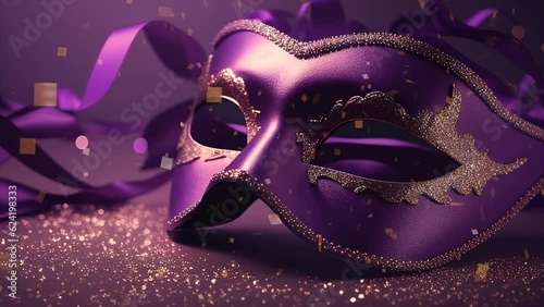 Elegant purple masquerade mask luxury metallics animated motion background seamless looping for party video background, event costume ball dance holiday New Years Mardi Gras Carnival sparkling lights