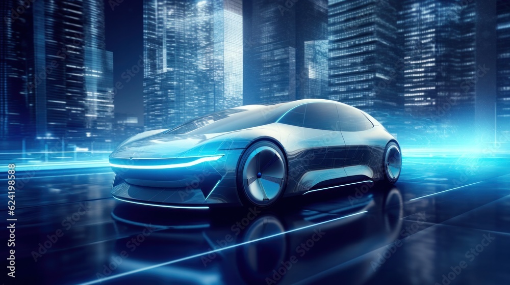 Electric Vehicle with Self-Driving. Future Car Software Technology. 3D illustration Electric Vehicle with Self-Driving. Future Car Software Technology. 3D illustration