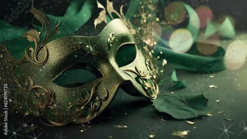 Elegant green man masquerade mask Saint Patrick's Day Irish animated motion background seamless looping for party video event costume ball dance holiday New Years Mardi Gras Carnival sparkling lights