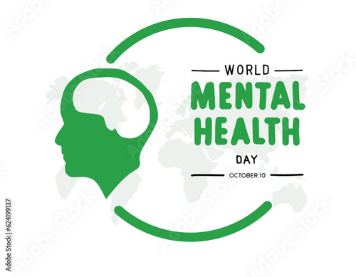 illustration of world mental health day with green ribbon and map isolated on white background photo
