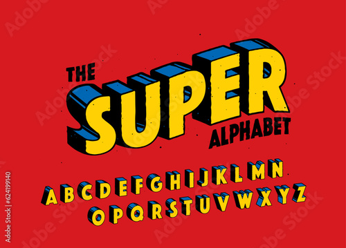 Comics super hero style font design, alphabet letters and numbers, vector illustration 