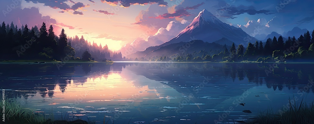 Anime style illustration of a beautiful lakefront at sunset - obrazy, fototapety, plakaty 