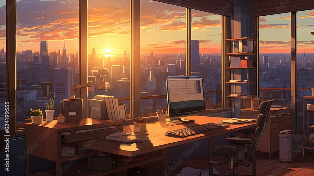 Beautiful anime-style illustration of a study room at golden hour
