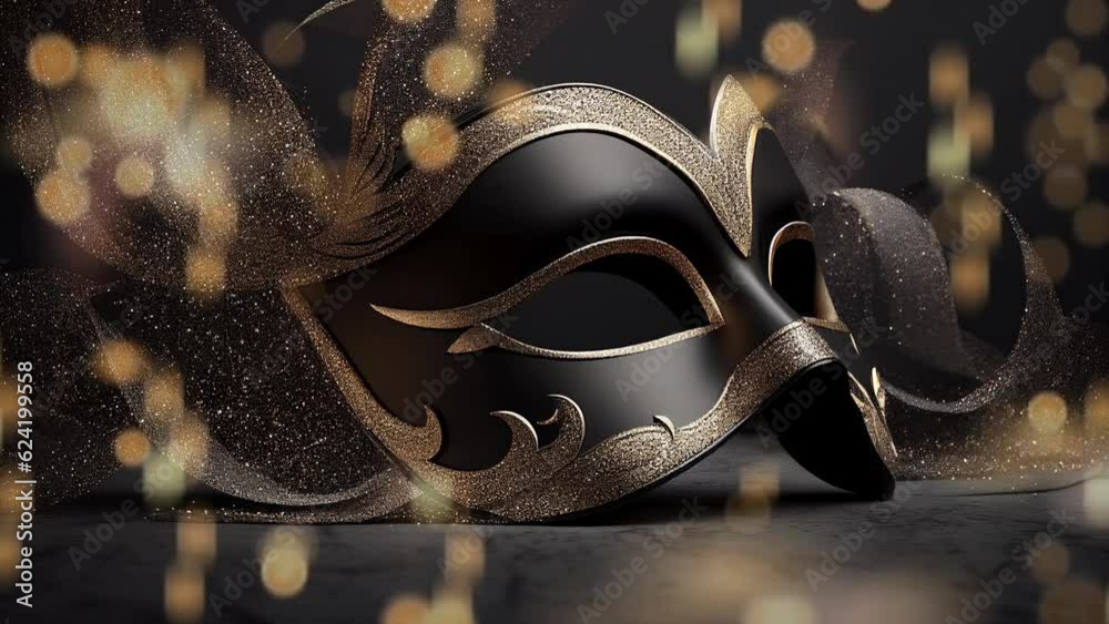 Elegant golden masquerade mask subtle animated image motion background seamless looping for party video background, event costume ball dance holiday New Years Mardi Gras Carnival sparkling lights