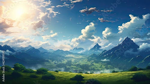 Beautiful anime-style illustration of a mountain landscape at daytime