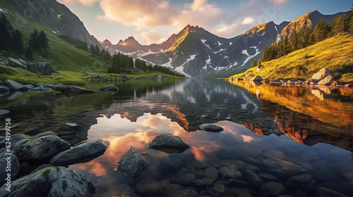 lake in the mountains HD 8K wallpaper Stock Photographic Image 
