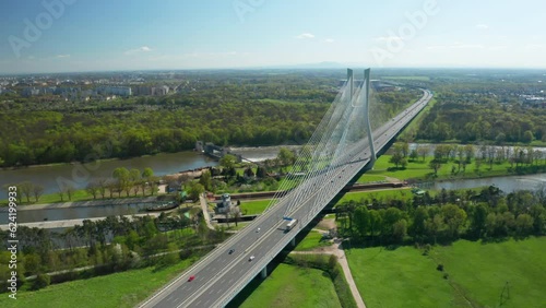 Wallpaper Mural Aerial view of Redzinski Bridge with moving cars over island on Oder river.  Torontodigital.ca