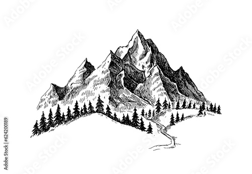 Mountain with pine trees and landscape black on white background. Hand drawn rocky peaks in sketch style.	