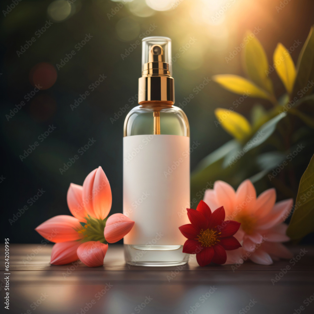 White perfume bottle with dispenser and flowers. Generative AI White perfume bottle with dispenser and flowers. Generative AI