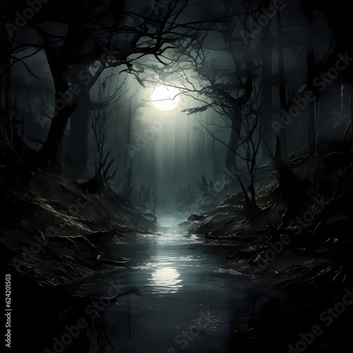 Dark misty woods with moonlight