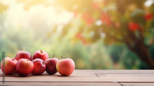 Pile of red apples on a wooden table mockup with space for type writing