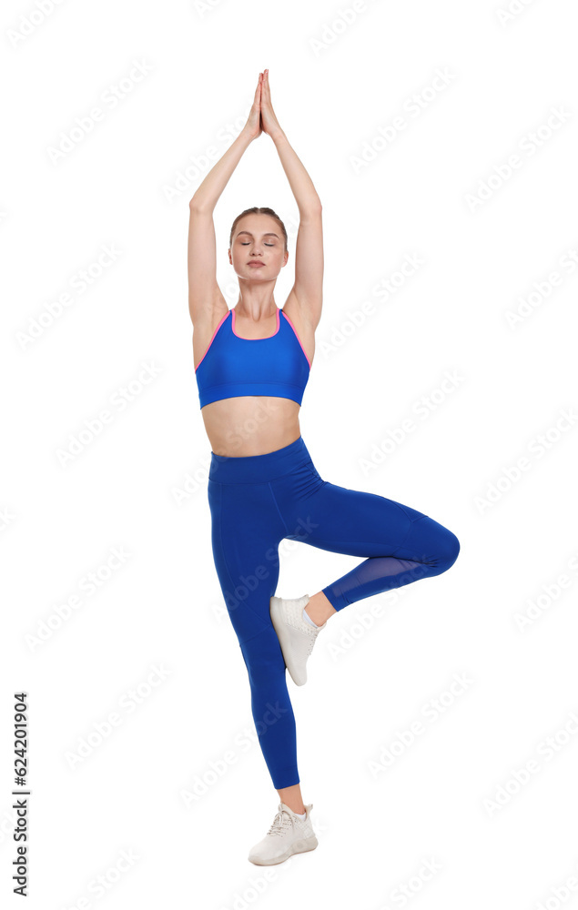 Young woman practicing yoga on white background Young woman practicing yoga on white background