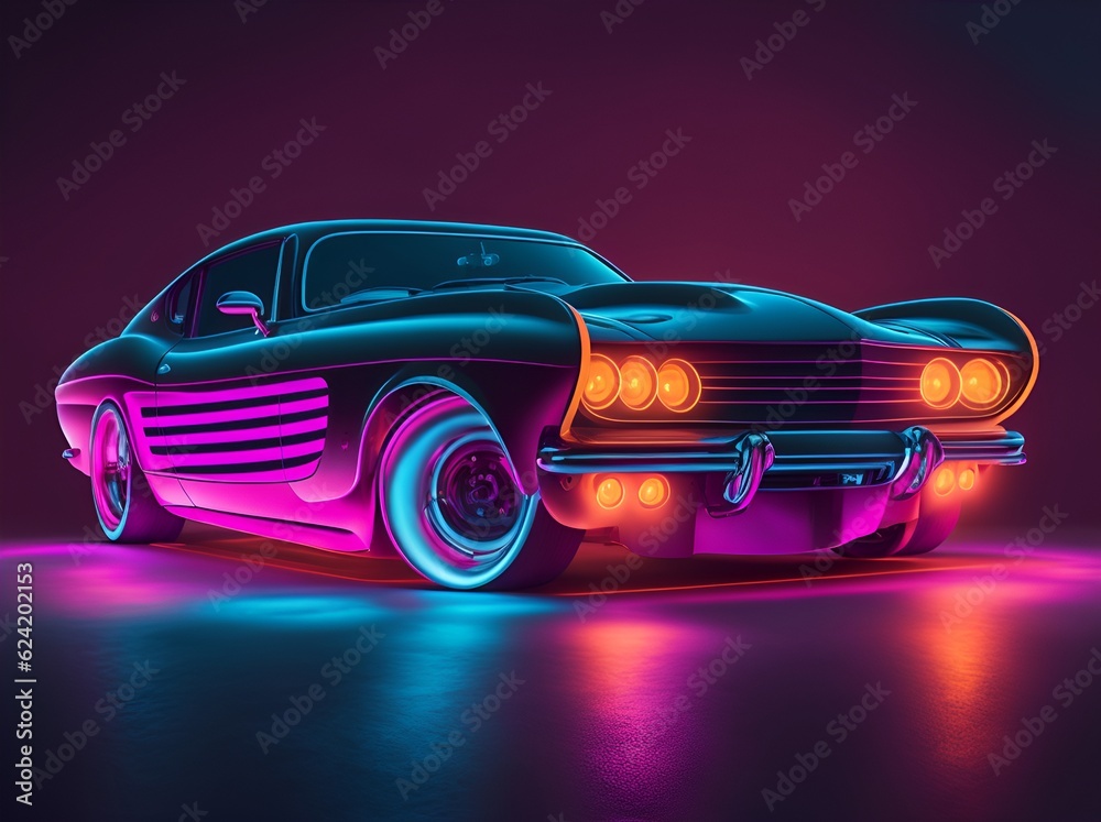 Coupe car in neon style on a dark background Coupe car in neon style on a dark background