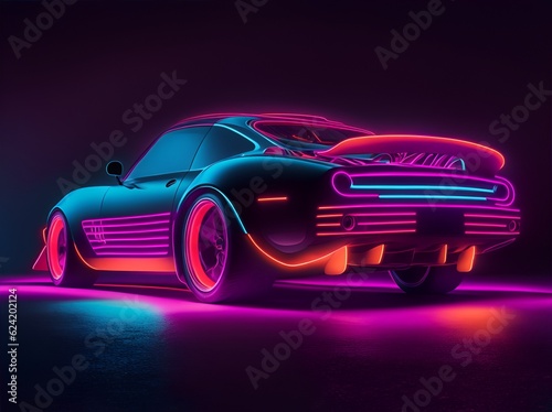 Coupe car in neon style on a dark background