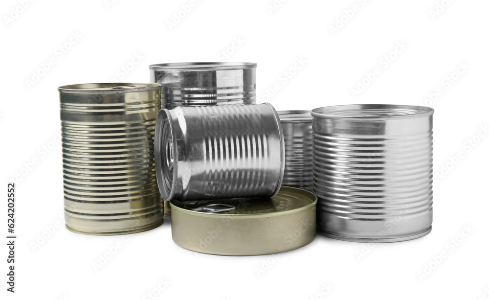 Many closed tin cans isolated on white Many closed tin cans isolated on white