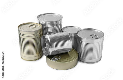 Many closed tin cans isolated on white