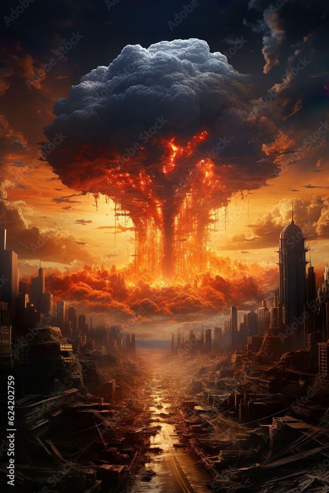 Atomic Bomb Explosion over City, Red Skies