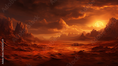A panoramic view of a desert under a blazing sun, hd wallpaper background © PixelGuru