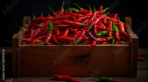a wooden box full of fresh raw chilis. healthy food photography. close-up. product photo for restaurant. generative ai