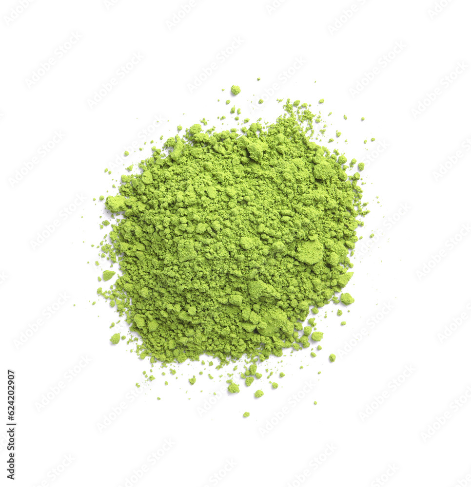 Pile of green matcha powder isolated on white, top view Pile of green matcha powder isolated on white, top view