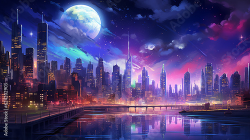 Moon and stars are on top of the city  city with big buildings and the moon  in the style of nightcore  hd wallpaper background  8k  4k