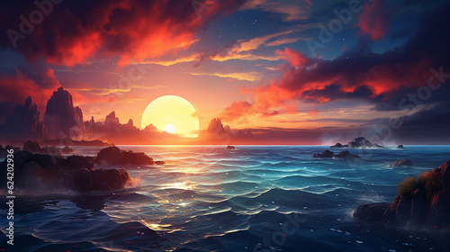 Ocean with a sun setting in the sky  in the style of concept art  seascape  hd wallpaper background  8k  4k