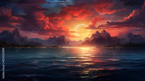 Sunset of the ocean with mountains, in the style of vibrant fantasy landscapes, dark red and cyan, hd wallpaper background, 8k, 4k