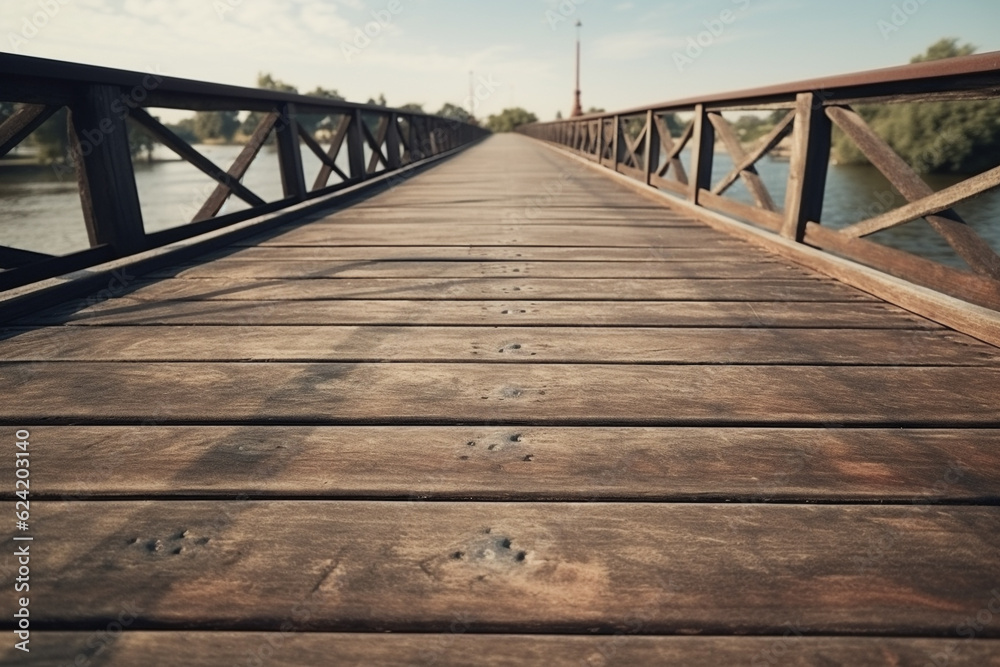 Fototapeta premium Old vintage wooden bridge on the lake, in spring, tropical, quiet river. Generative AI.