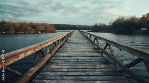 Old vintage wooden bridge on the lake  in spring  tropical  quiet river. Generative AI.