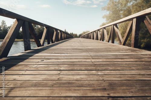 Old vintage wooden bridge on the lake, in spring, tropical, quiet river. Generative AI.