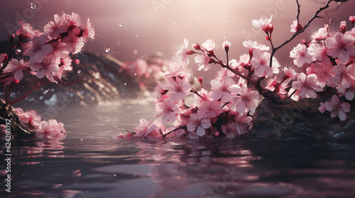 Pink cherry blossom background with Rivers, streams, rocks and mountains. drawing illustration artwork design. Generative AI