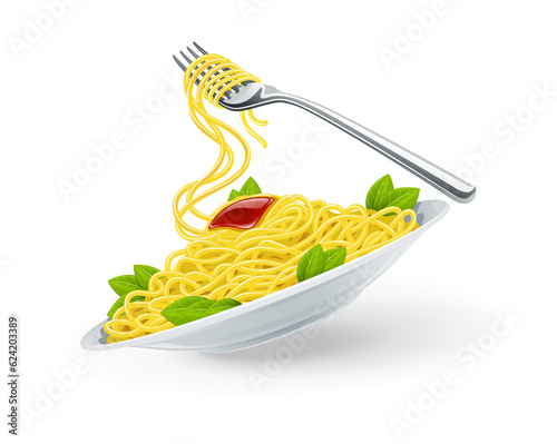 Yellow italian pasta spaghetti in the white plate with fork. Isolated on white background. PNG Illustration