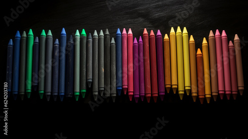 Colorful crayons laying in right order on a black chalkboard. generative ai