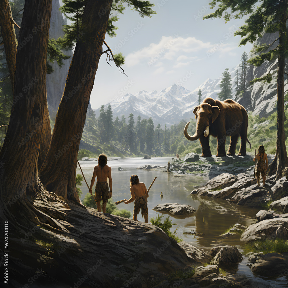 Neanderthals hunting woolly mammoths next to lake in forest