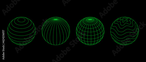 Neon green wireframe spheres collection. 3d outline globes with different grid patterns. Geometric circle elements for design template, icon, logo. Abstract balls with connected lattice lines. Vector