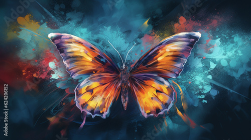 Abstract butterfly artwork with splashes of color and design. 