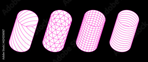 Collection of cylinder with different patterns. Striped and checkered 3d tubes set. White and pink geometric elements for design templates, icons, logo. Abstract vector tunnels pack
