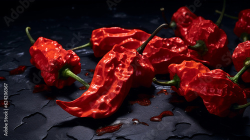 carolina reaper chilis on dark rough stone table . healthy food photography. close-up. product photo for restaurant. photo