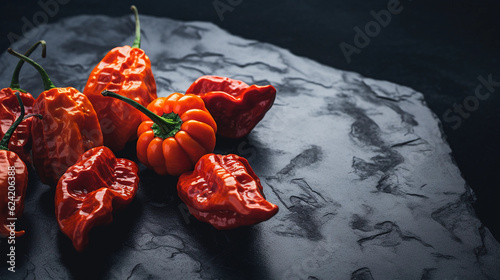 carolina reaper chilis on dark rough stone table . hottest chili of the world. healthy food photography. close-up. product photo for restaurant.